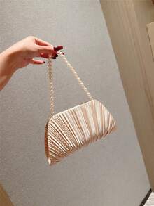 Moonlit Eve Bag, 1 Piece Minimalist Pleated Satin Clutch, Romantic Pearl Handbag, Suitable For Parties, Weddings, Graduation Galas, Can Be Paired With Holiday Outfits, Evening Gowns And Sequin Dresses - Apricot - View 5