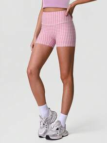 Sodalemon Pantalones cortos de yoga de talle alto a cuadros para mujer, verano - Rosa - Ver 6