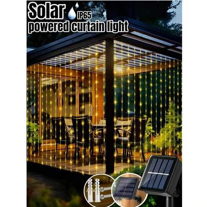 1条太阳能窗帘灯串 - 100/200/300颗LED灯珠，8种照明模式，IP65防水，户外太阳能灯串，适用于花园、露台、凉亭、房屋墙壁、家居、婚礼、派对、窗户、圣诞节、节日、复活节装饰，室内/室外（暖白/白/彩色）
