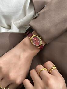1 件女士椭圆形罗马数字休闲优雅石英表，适合日常佩戴 - 紅色 - 查看 2