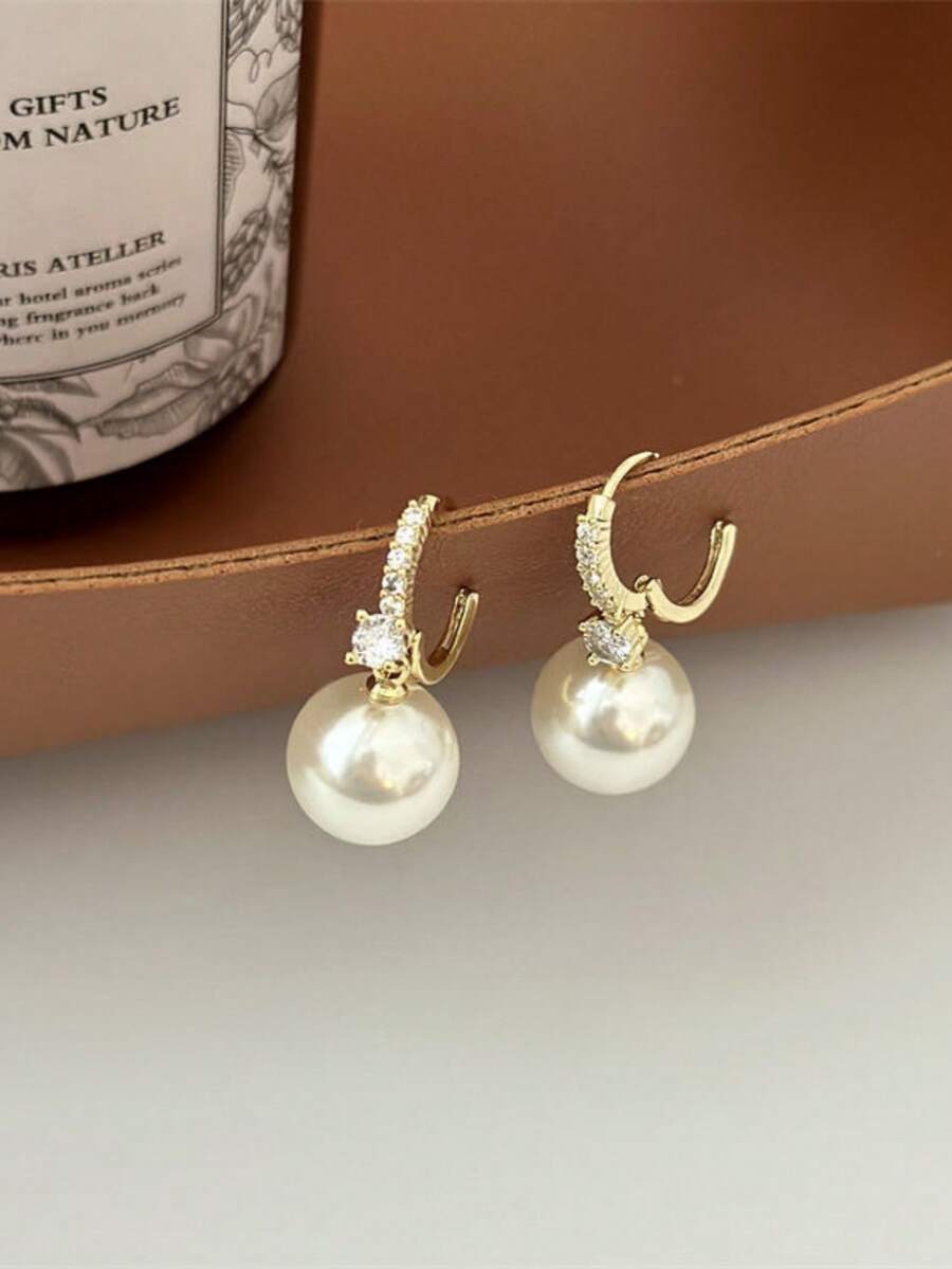 一对珍珠耳环，钻石耳环，优雅气质，复古水钻珍珠耳环，奢华高端耳环，适合日常佩戴 - 白色 - 查看 1