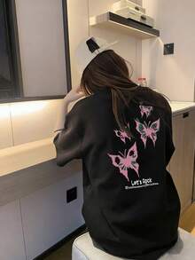Women's Loose Fit Round Neck Short Sleeve Letter & Butterfly Print T-Shirt, Spring/Summer Casual Black - Black - View 1