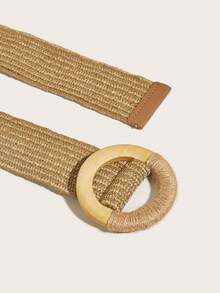 Wide Straw Woven Belt For Women, Wooden Buckle Waist Band, Beige, Casual Chic For Spring/Summer Outings, Daily Wear, Vacation, Versatile Dress Accessory - Khaki - View 4