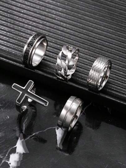5 قطع مجموعة خواتم رجالية من الفولاذ المقاوم للصدأ، تشمل صليب، جلد ثعبان، أنماط تجريدية، مناسبة للارتداء اليومي للرجال وإكسسوارات العطلات