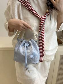 旗袍风格仿珍珠新款中式大容量抽绳单肩手提包 - 藍色 - 查看 4