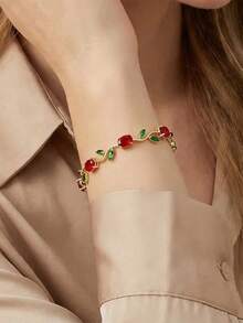 1件装时尚铜镶嵌立方氧化锆郁金香装饰手链，适合女性日常佩戴，节日礼物 - 鬱金香手鍊 - 查看 1