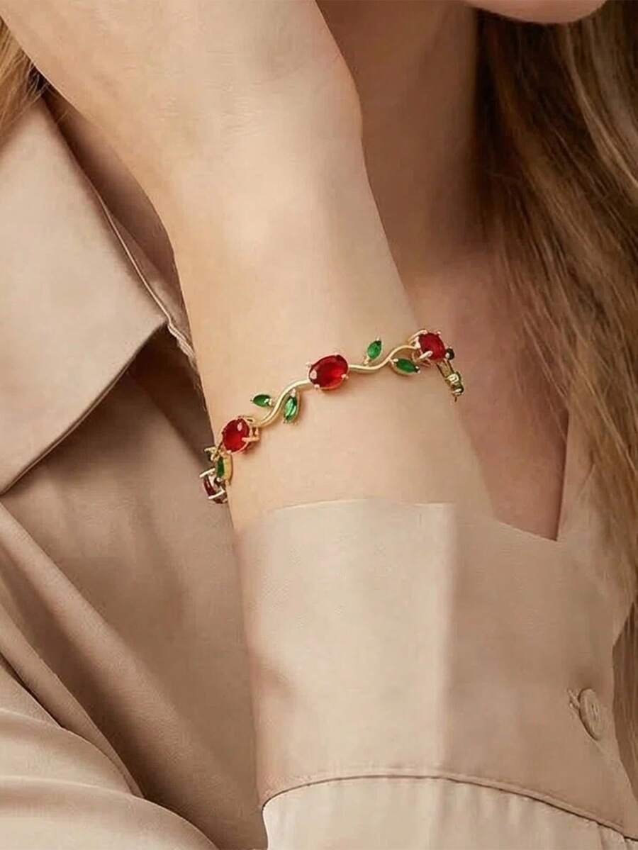 1件装时尚铜镶嵌立方氧化锆郁金香装饰手链，适合女性日常佩戴，节日礼物 - 鬱金香手鍊 - 查看 1