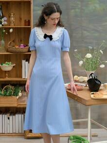 Simple Retro Đầm nữ kiểu búp bê phối màu thắt nơ, phong cách nghỉ mát - Màu xanh lam - Xem 5