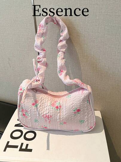 1pc Pink Floral Decor Nylon Baguette Bag, Women Spring New Pleated Shoulder Underarm Bag
