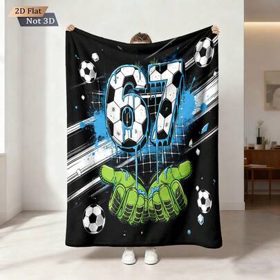 1pc "SIX SEVEN" Themed Flannel Throw Blanket, Classic Black & White Football With Number "6" And "7" Graphics, Soft & Comfortable, Suitable For All Seasons, For Sofa, Bed, Office, Camping, Travel, Year-Round Gift