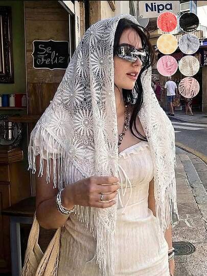 1 pieza Elegante bufanda/chal triangular de mujer de unicolor con encaje, perlas y girasol, accesorio de lujo de estilo bohemio para el verano, adecuado para uso diario, bodas, iglesias, eventos formales, vacaciones, regalo del Día de la Madre