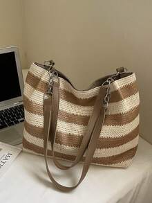 夏季新款波西米亚风条纹编织手提包 女士大容量通勤单肩包 草编材质 海边度假沙滩包 时尚百搭ins风超火大容量包 - 卡其色 - 查看 5