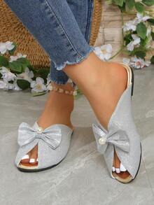 银色亮片蝴蝶结穆勒鞋 女士露趾无后跟拖鞋 夏季休闲平底凉鞋 - 銀色 - 查看 12