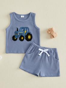 2Pcs Summer Outfits Sleeve Tractor Embroidery Tops + Shorts Set Toddler Clothes - Azul - Ver 6