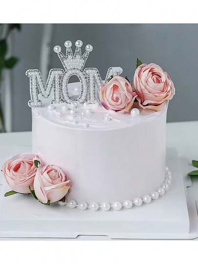 Mother's Day Cake Topper - "Mom" Pearl Queen Crown Design, White/Pink With Shiny Crystal Pearls, Suitable For Birthday And Special Occasions, Mother's Day Cake Decor, Birthday Party Decor, Floral Decor