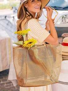 1pc Multi-Functional Mesh Shoulder Bag, Foldable Waterproof Lightweight Tote Bag Suitable For Picnic, Beach, Shopping, Travel And Car Storage - View 3