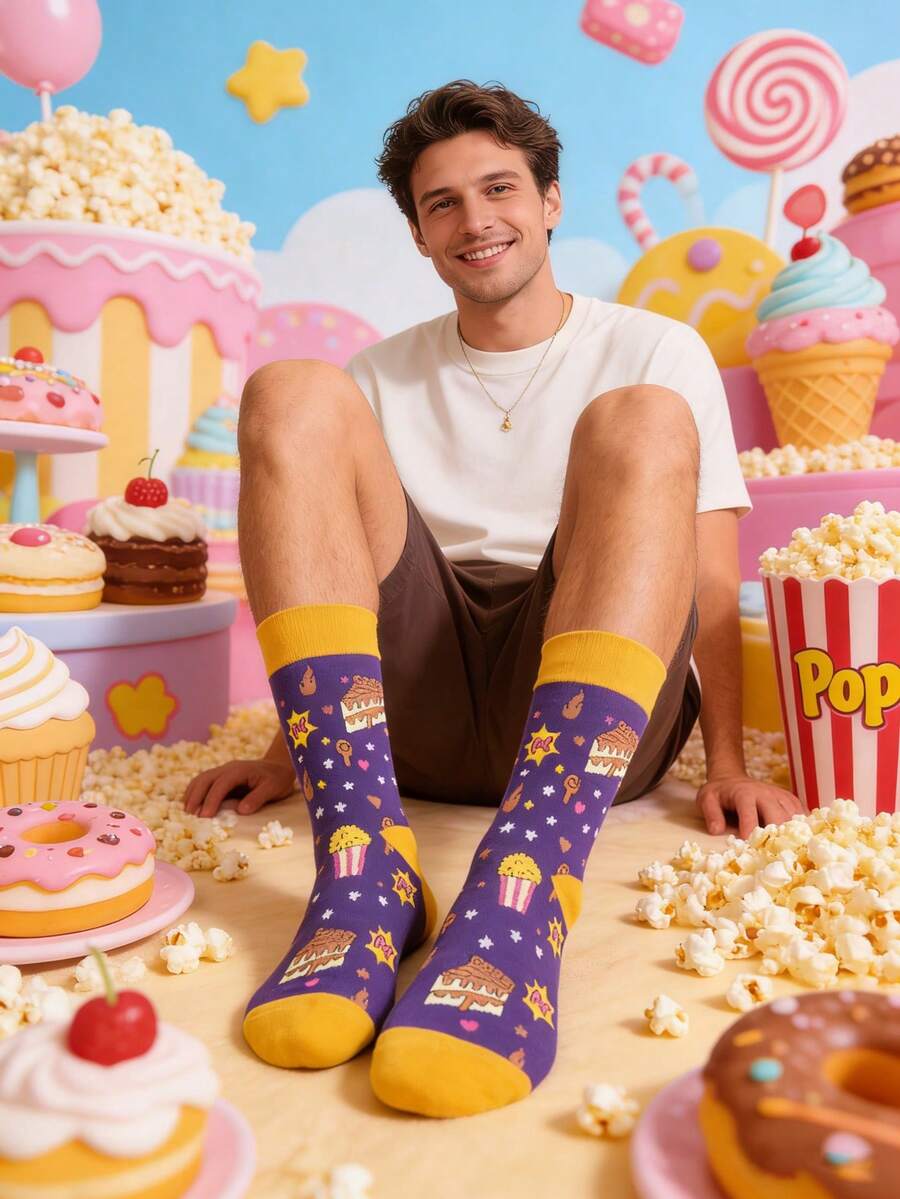 1 Pair Men's Purple And Yellow Snack Graphic Mid-Calf Socks, And Versatile For All Seasons - Multicolor - View 1