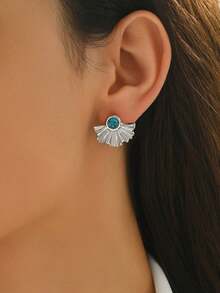 1 Pair Vintage Unique Fan-Shaped Earrings, Dazzling Luxurious Material, Delicate Fan Texture, Paired With Alluring Turquoise, Minimalist Yet Fashionable - Earring - View 4