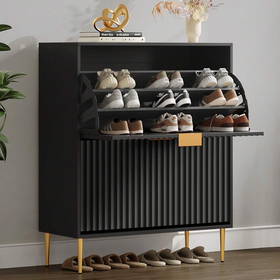 SICOTAS Fluted Shoe Cabinet Storage For Entryway With 2 Flip Drawers-11.8" Deep Freestanding Shoe Organizer Cabinet With 6-Tier Shelves, Large 20 Pairs Shoes Rack Cabinet For Foyer Hallway - 黑色 - 查看 1