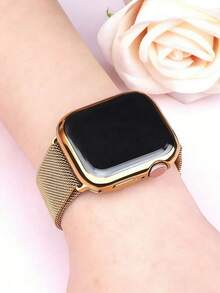 Compatible Band And Case Combo Set. Fashionable And Casual, Suitable For Men And Women. Soft And Breathable. Stainless Steel Woven Magnetic Loop Band + Shiny Rhinestone Anti-Fall Protective Case - Gold - View 5