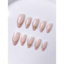 10pcs Handmade French Short Nail Stickers. This Nail Art Set Includes 5 Colors: White, Pink, Gold, Blue, And Yellow, With A Charming And Adorable Design. Each Nail Sticker Is Decorated With Hand-Painted Vine Patterns That Wind Along The Metallic-Feeling French Edges. Nails Nail Supplies Handmade Press On Nails - 粉紅灰-1 - 查看 4