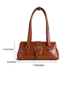Vintage Style Buckle Rivet Paris Handbag - Glossy Faux Leather Tote - Brown - View 9