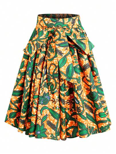 African Batik Orange & Green Floral Pattern Women's Mini Skirt