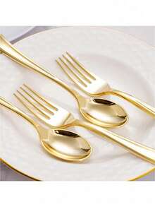 Bộ dao nĩa mạ vàng 6/12 món, nĩa chắc chắn (6,8 inch) và thìa (6,9 inch) - Màu vàng - Xem 1