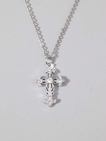 Vintage Gothic Style Rhinestone Cross Necklace, Unisex