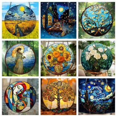 畅销梵高画作系列彩色亚克力圆形墙饰链挂件