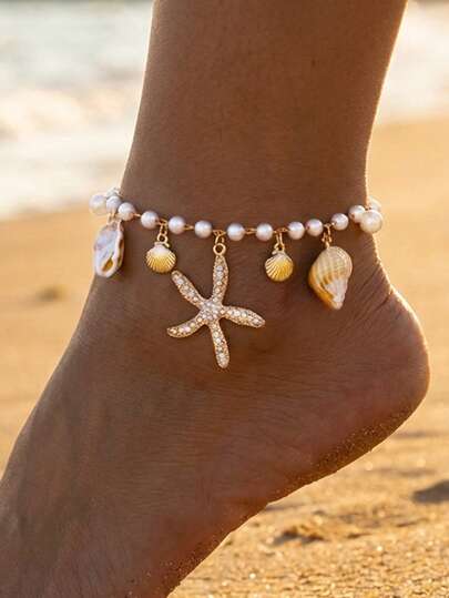 1 pieza Tobillera elegante y versátil de moda de verano con estilo de vacaciones de Hawái, con colgante de estrella de mar, concha y perla, adecuada para la playa, viajes, decoración diaria de mujer, combinación de atuendos, citas, fiestas, regalo de vacaciones