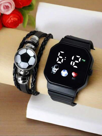 两件套：足球和宇航员主题LED数字手表+足球手环，男女通用夜光运动表带，青少年和体育迷的理想礼物