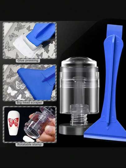 Bộ dụng cụ làm móng nghệ thuật in hình bằng silicon 1/2 món, bao gồm 1 dụng cụ gạt móng, 1 đầu dập móng xoay điều chỉnh được, dụng cụ gạt móng dễ sử dụng, phù hợp cho các tiệm làm móng chuyên nghiệp.