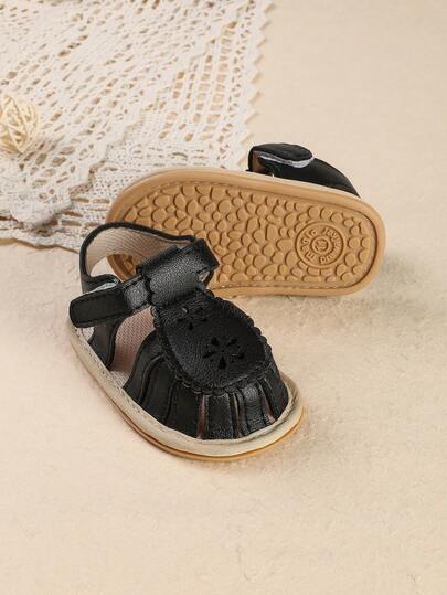 1 Pair Toddler Girls' Solid Color Hollow Breathable Flat Sandals, Suitable For Summer