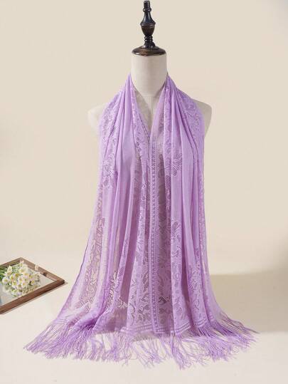 1pc Women's Comfortable Breathable Hollow Lace Tassel Scarf/Shawl, Suitable For Travel, Beach, Gathering