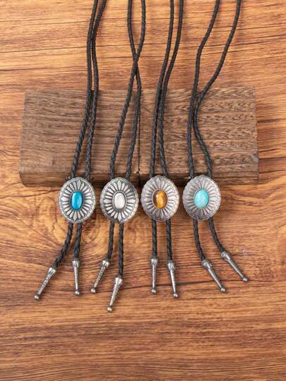 1pc Vintage Sunburst Engraved Tiger Eye Stone Bolo Tie, Leather Cord Niche American Retro Y2K Accessory