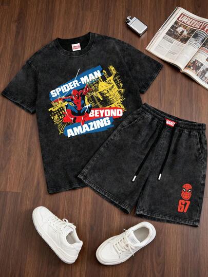  This Unisex Washed T-Shirt Set Features A Unique Design With A Classic Marvel Spider-Man Fighting Pose Print, Making It Perfect For Summer, Summer Camp, Vacations, Everyday Wear, And Sports.