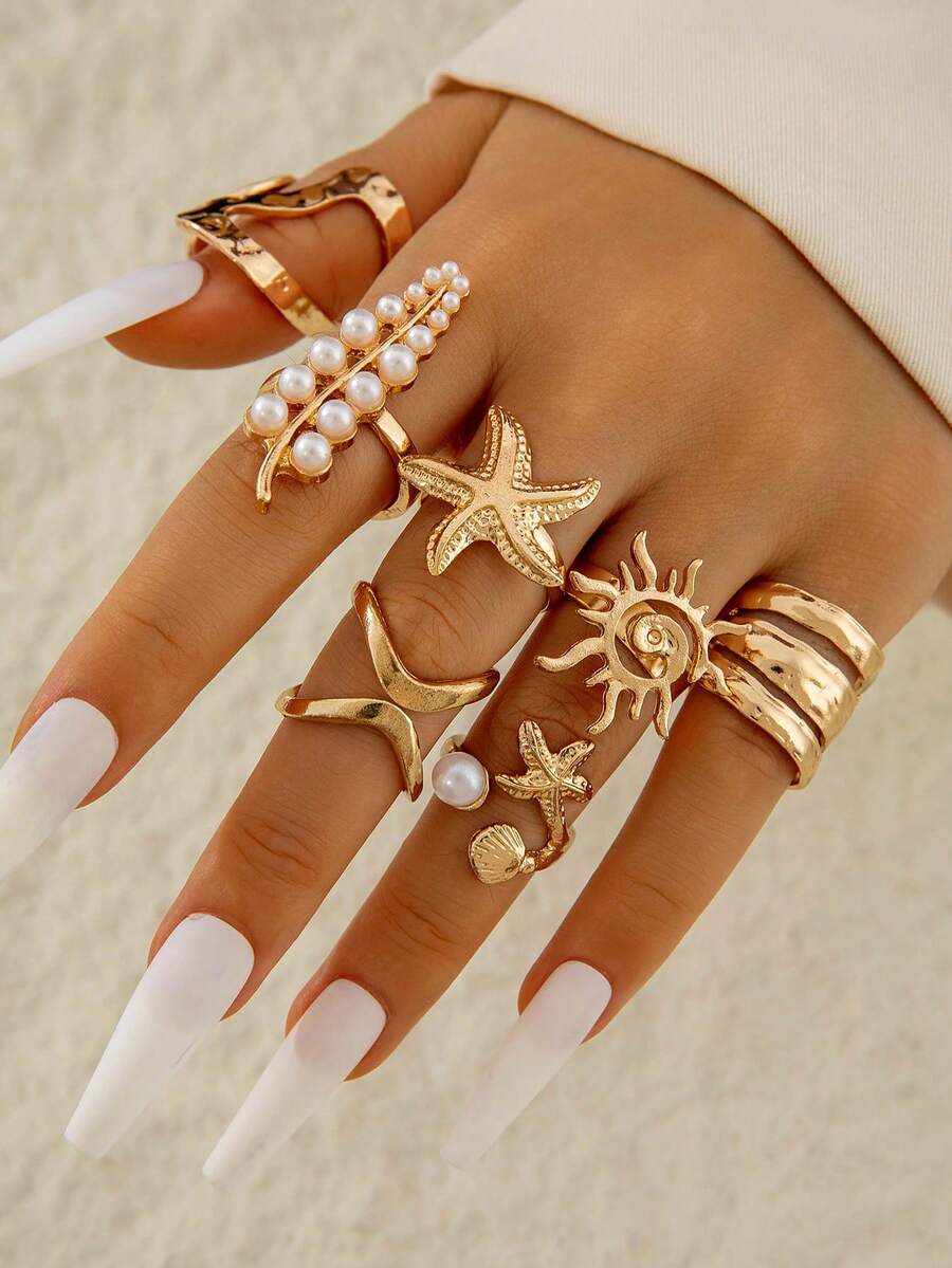 7件套朋克风锌合金海星、向日葵、仿珍珠几何戒指套装，独特礼物，适合女性日常叠戴