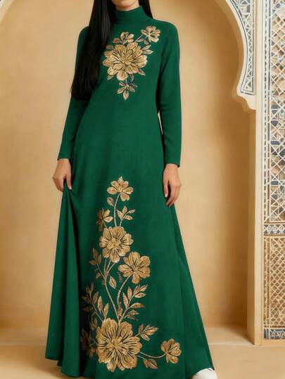 Đầm dài in họa tiết thanh lịch dành cho nữ, tay dài, họa tiết đính sequin giả, cổ cao | Áo choàng in họa tiết, đầm kiểu Trung Đông, áo Abaya Hồi giáo