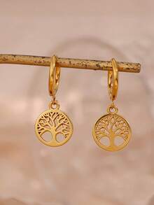Anting-anting hoop geometris pohon kehidupan dari baja tahan karat yang modis, ringan, mewah, menarik, indah, imut, minimalis, dan unik, cocok untuk pakaian pria dan wanita di musim semi, musim panas, musim gugur, dan musim dingin, untuk bekerja, belajar, kencan, bepergian, konser, pesta, dan berbagai hari libur. - Pohon Kehidupan Emas - View 6
