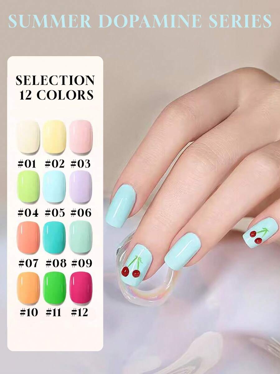 Mec 12ml 春夏多巴胺马卡龙凝胶指甲油，12色乳霜质地不透明凝胶，高显色度黄、粉、绿、蓝、橙、紫，光滑高光泽，可卸除，UV/LED灯固化，持久耐用，适合海滩、节日和日常美甲