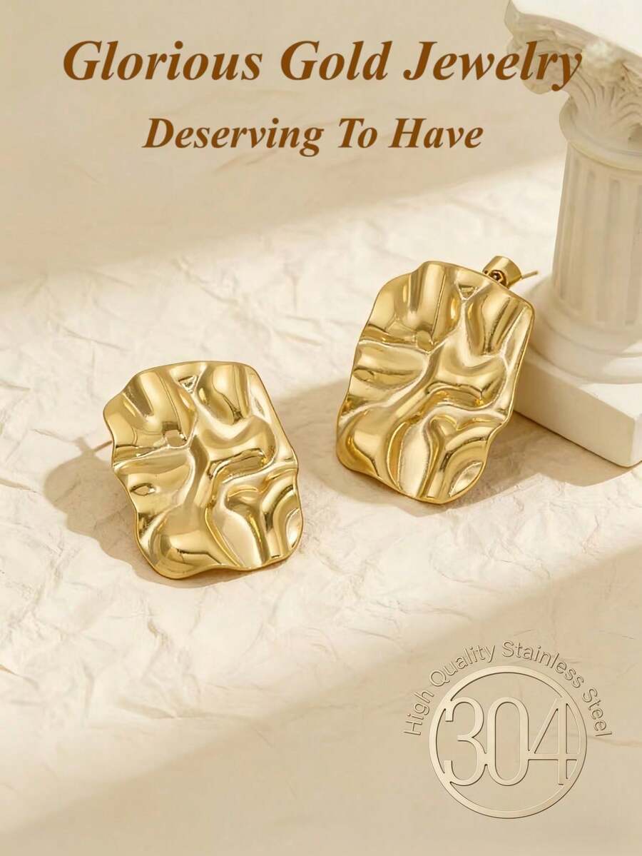 Geometric Rectangle Gold Rivet Earrings - Asymmetrical Hammered, Thick And Bold, Square Earrings Suitable For Women, Fashionable - Multicolor - View 1