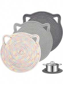 1/2pcs Creative Woven Cat Ears Pot Mat, Can Be Hung Placemat, Anti-Scalding Heat Insulation Pad Restaurant Table Decoration Kitchen Gadgets - 查看 3