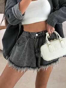 Women's Loose Waist Pockets Raw Hem A-Line Denim Shorts Black Summer - Black - View 2