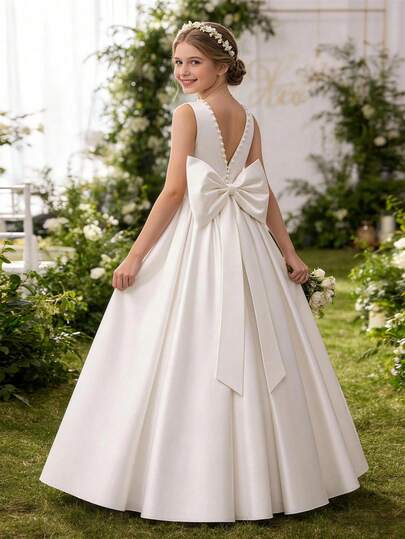 Vestido elegante sin espalda con cuello en V y lazo con estampado floral para niña preadolescente, vestido de princesa adecuado para bodas, fiestas, cumpleaños, comunión y ocasiones especiales