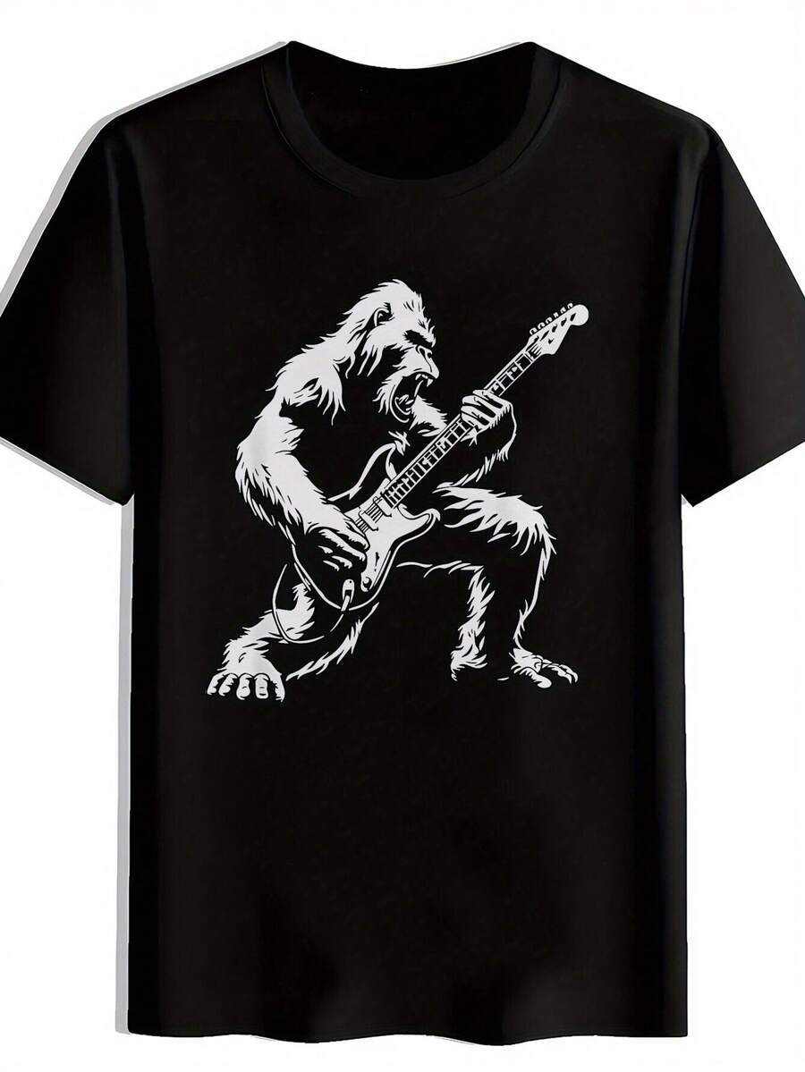 Gorilla Music Electric Guitar Print Men's T-Shirt - Loose Fit, Casual, Round Neck, Short Sleeve, Digital Print, Suitable For All Seasons, Ideal For Concerts And Daily Outfits (Machine Washable)-X - Black - View 1