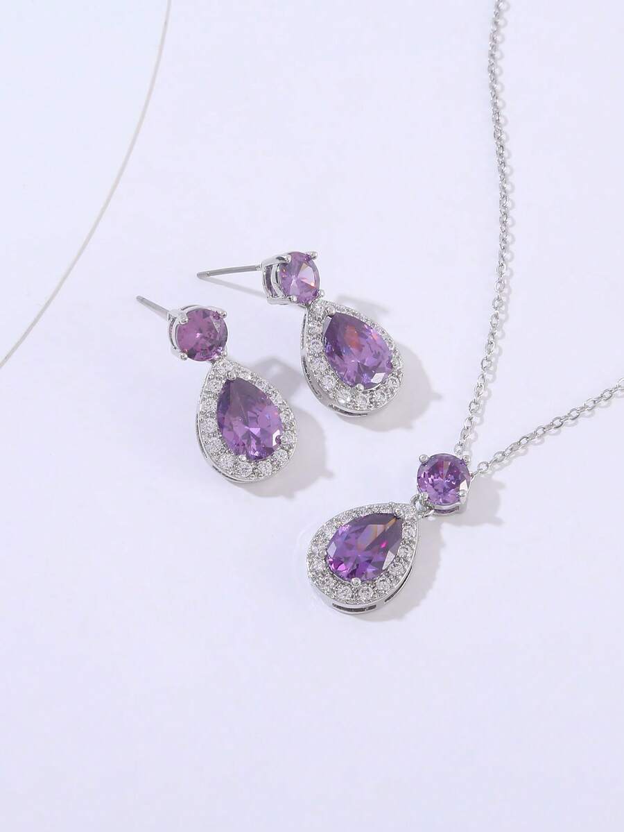 Set de 3 piezas: 1 par de pendientes de botón con lágrima de zirconia púrpura lujosos y brillantes y 1 colgante a juego con lágrima de zirconia, conjunto de joyas chapadas en oro de cobre para mujeres - Morado - Ver 1