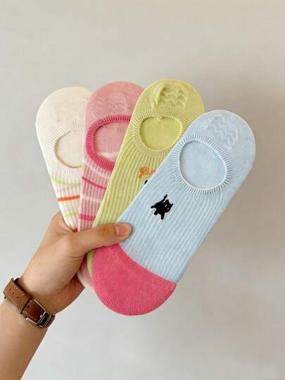 3/6/9双装春夏粉彩色隐形内衬袜，舒适防滑卡通刺绣条纹船袜