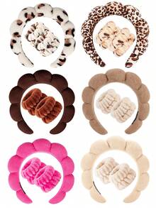 1pc Facial Headband / 2pcs Facial Wristbands / 3sets Spa Headband, Makeup Headband, Facial Headband, Skincare Headband, Pink Velvet Fluffy Sponge Headband, Bow, Scrunchie, Spa Headband, Wristband, Women And Girls Hair Accessories Set - Nhiều màu - Xem 1