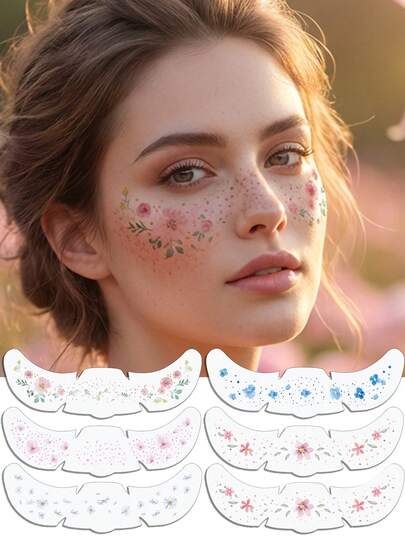 6 ورقات ملصقات بقع الوجه للربيع والصيف، تصميم بنمط زهري، ملصقات وشم مؤقتة مقاومة للماء للنساء، حفلات موسيقية ومهرجانات، زوجان، مكياج يومي، اكسسوارات رقص، ديكور عطلات، هدايا للفتيات
